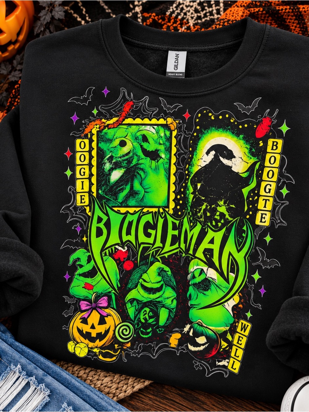 Gildan Black Neon Green & Yellow 'Bogleman' Graphic Crewneck
